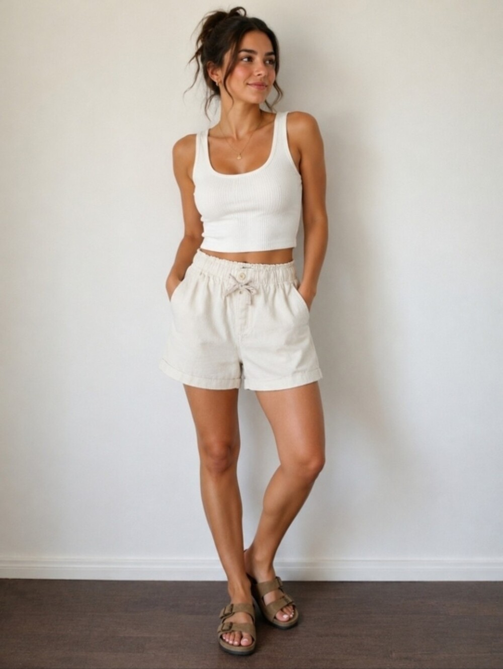 High-Rise Paperbag Waist Linen-Blend Shorts in Cream